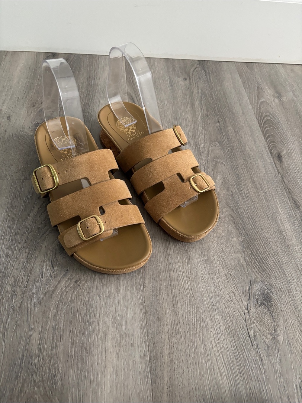 Vince Camuto Tan Triple-Buckle Suede Slide Sandals